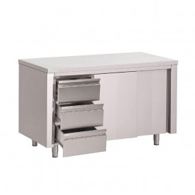 Table armoire inox avec portes coulissantes et 3 tiroirs à gauche Gastro M 1800 x 700 x 850mm