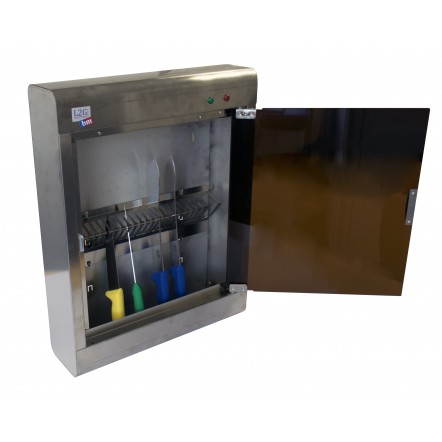 ARMOIRE INOX A STERILISER A AIMANT AVEC TUBE UV 8W STOCKAGE 15/20 COUTEAUX, PORTE PLEXI, MINUTERIE