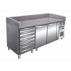 Table à pizza positive +2/+8°C - 2 portes + 7 tiroirs à patons - 427 litres -  Dessus granit - Prof. 800 mm - PZ2610TN - Nosem